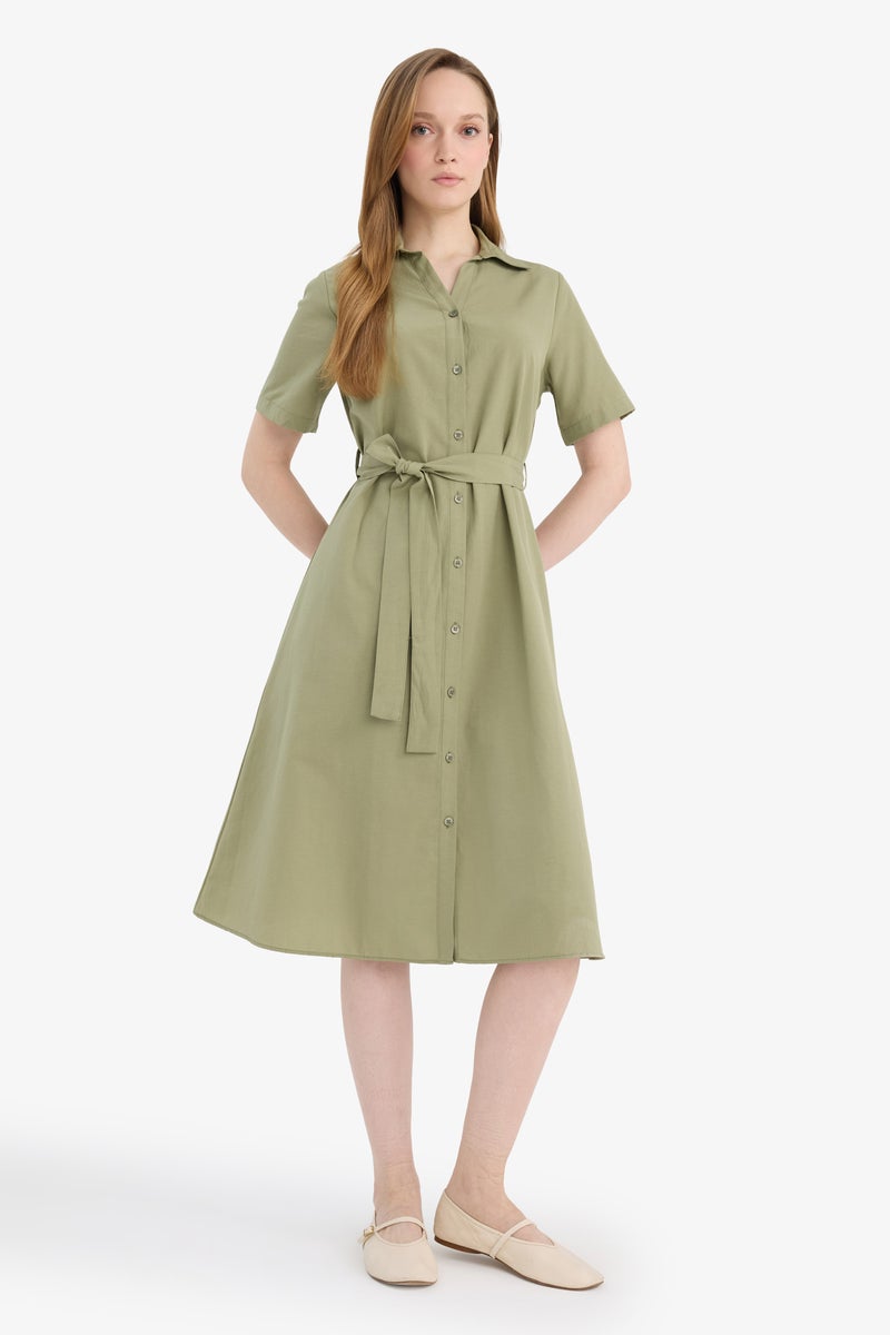 DeFacto Green Woman A Cut Shirt Collar Poplin Batwing Dress Casual - Image 2